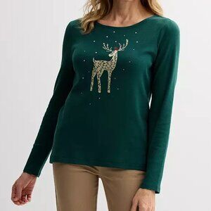 New Womens Croft & Barrow Holiday Green long sleeve gold reindeer rhinestone XXL